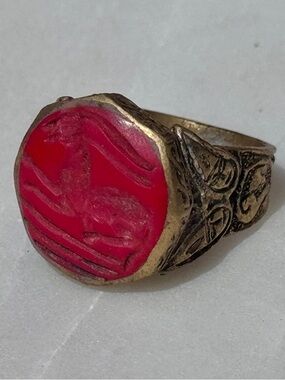 Vintage Brass Ring with Red Carved Animal Intaglio Stone